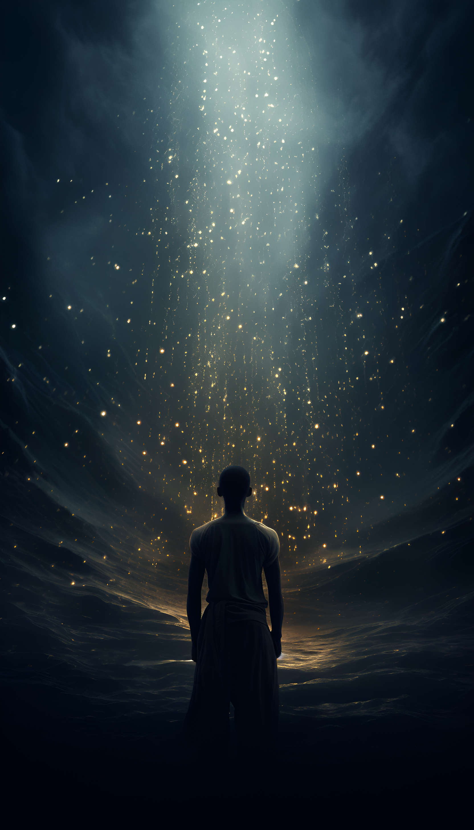 Coldwake cover art — a figure standing in dark water beneath falling golden light
